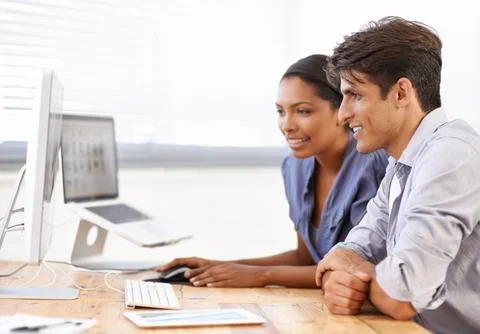 Teamwork, computer or web developers with research or IT support in office for 库存照片