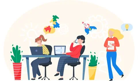 Teamwork with computers in office, online meetup, digital business classroom Stock Illustration