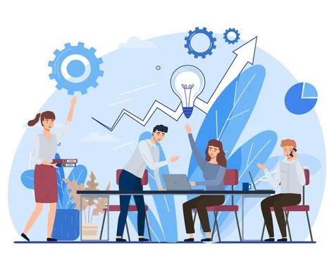 Teamwork concept with active business people solving tasks together, sitting at 스톡 일러스트