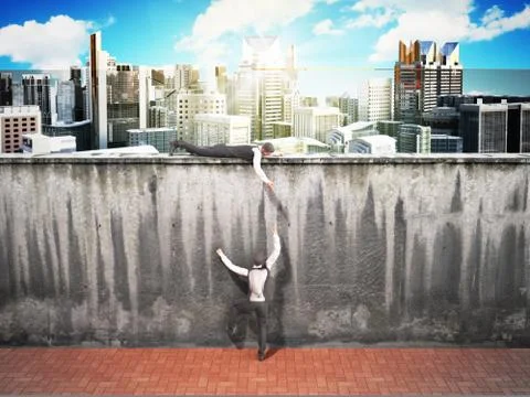 Teamwork Concept of assistance A man helps another person to climb a wall 3d  Stock Illustration
