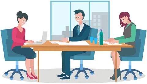 Teamwork concept with business people solving tasks together, sitting at table Illustrazione stock