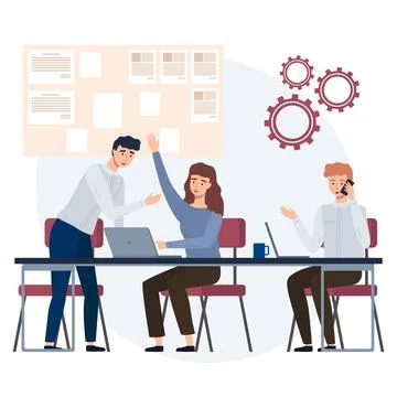 Teamwork concept with business people solving tasks together, sitting at table 스톡 일러스트