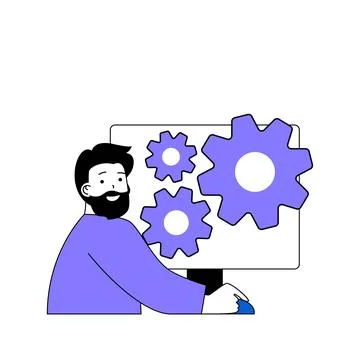 Teamwork concept with cartoon people in flat design for web. Man works with t Stock Illustration