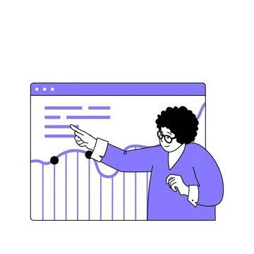 Teamwork concept with cartoon people in flat design for web. Woman analysing  Stock Illustration