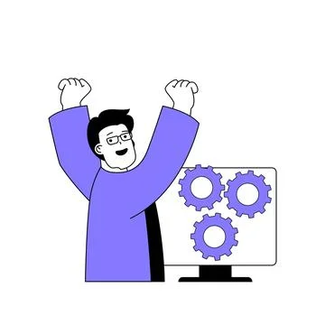 Teamwork concept with cartoon people in flat design for web. Man doing proc.. Stock Illustration