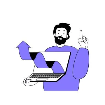 Teamwork concept with cartoon people in flat design for web. Man analyzing .. Stock Illustration