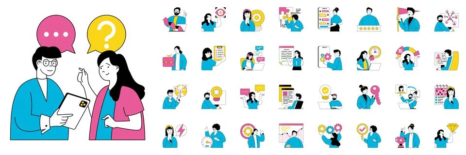 Teamwork concept with character situations mega set. Bundle of scenes people  Stock Illustration