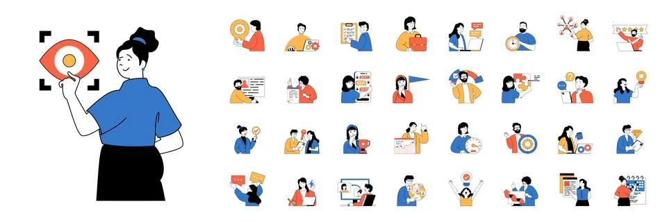 Teamwork concept with character situations mega set in flat web design. Bundl Stock Illustration