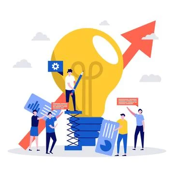 Teamwork concept with characters standing near light bulb. Creative innovat.. Stock Illustration