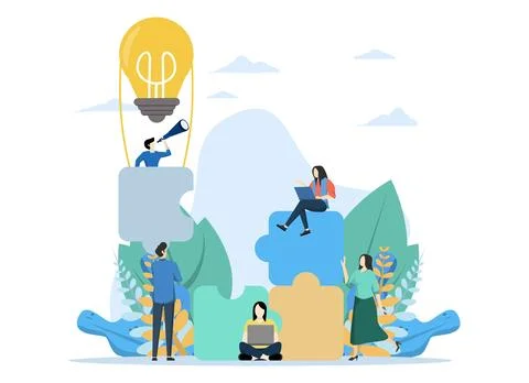 Teamwork concept, with characters working together connecting puzzle elements. Illustrazione stock