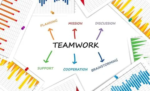 Teamwork concept with charts and graphs showing collaboration Stock Illustration