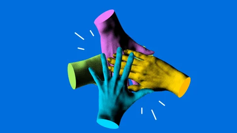 Teamwork concept. Colleagues folding their hands together. Modern collage Stock Footage 331633633