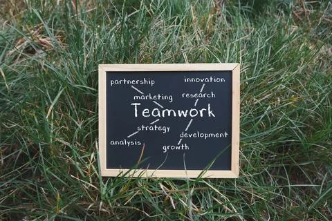 Teamwork concept displayed on a chalkboard surrounded by green grass, Stock Photos