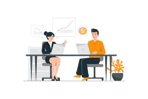 Teamwork concept. Female executive putting her ideas during presentation in m Stock Illustration