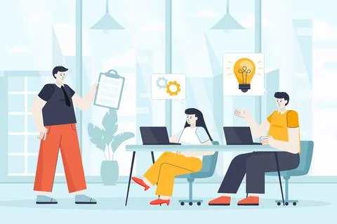 Teamwork concept in flat design. Colleagues work at office scene. Employees team Stock Illustration