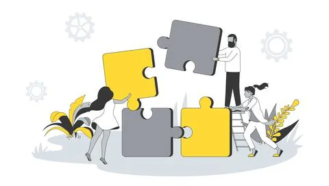 Teamwork concept in flat design with people. Man and women work and construct Illustrazione stock