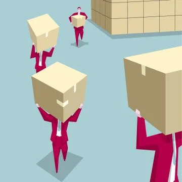 Teamwork concept, a group of people are carrying goods. The background is blue. Stock Illustration