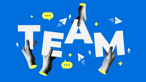 Teamwork concept. Halftone hands holding the word Team. Animated collage Stock Footage 332398958