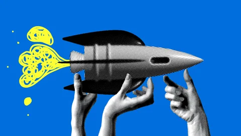 Teamwork concept. Halftone hands launching rocket. Modern collage Stock Footage 329559507