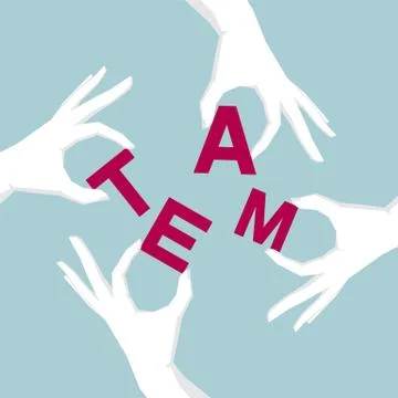 Teamwork concept, holding letters, forming team.Isolated on blue background. Stock Illustration