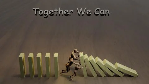 Teamwork concept idea. cartoon characters stopping falling dominos with text: Illustrazione stock