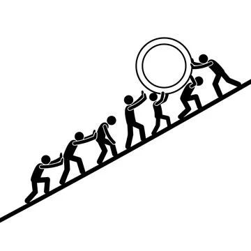 Teamwork concept illustration of stick figures pushing a large circle uphil.. Stock Illustration