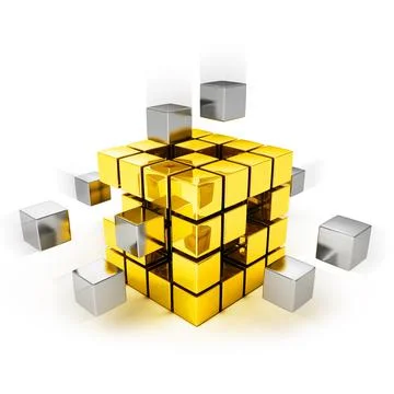 Teamwork concept metal cubes assembling into gold one Stock Illustration