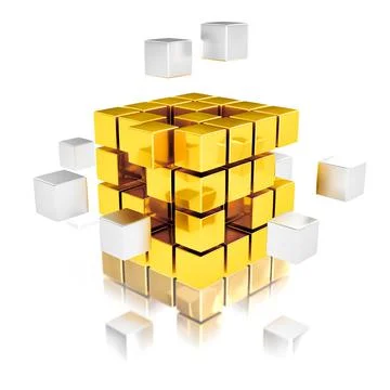 Teamwork concept metal cubes assembling into gold one Stock Illustration