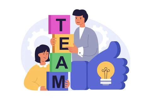 Teamwork concept in modern flat design for web. Man and woman working in te.. Stock Illustration