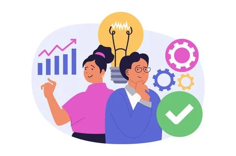 Teamwork concept in modern flat design for web. Man and woman brainstorming.. Illustrazione stock