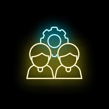 Teamwork concept with neon glowing people and gear icon Stock Illustration
