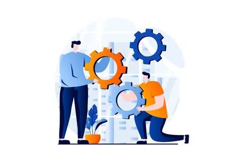 Teamwork concept with people scene in flat cartoon design. Men set up workflows Stock Illustration