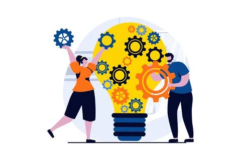 Teamwork concept with people scene in flat cartoon design. Man and woman Stock Illustration