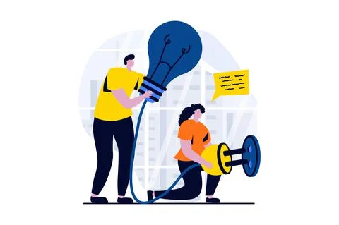Teamwork concept with people scene in flat cartoon design. Man and woman Stock Illustration