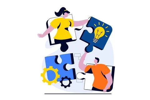 Teamwork concept with people scene in flat cartoon design. Man and woman working Stock Illustration