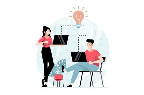 Teamwork concept with people scene in flat design. Man and woman work on la.. Stock Illustration