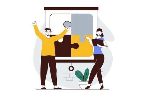Teamwork concept with people scene in flat design for web. Woman and man coll Stock Illustration