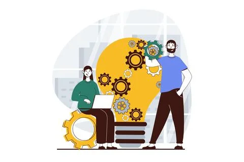 Teamwork concept with people scene in flat design for web. Woman and man brai Stock Illustration