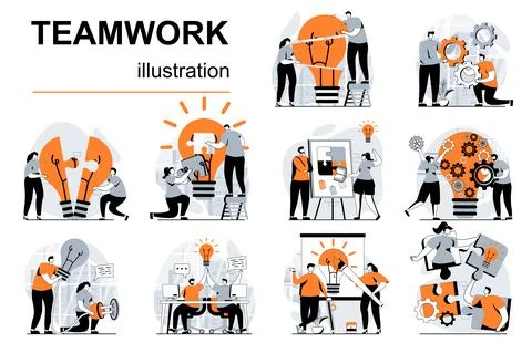 Teamwork concept with people scenes set in flat design. Women and men Stock Illustration