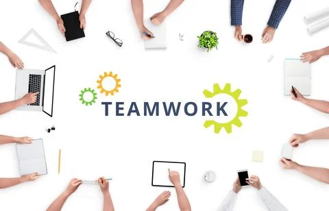 Teamwork concept with people on work desk and text in the middle. People work Stock Photos