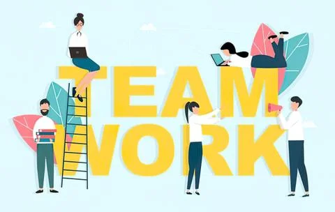 Teamwork concept with people working together and digital devices Stock Illustration
