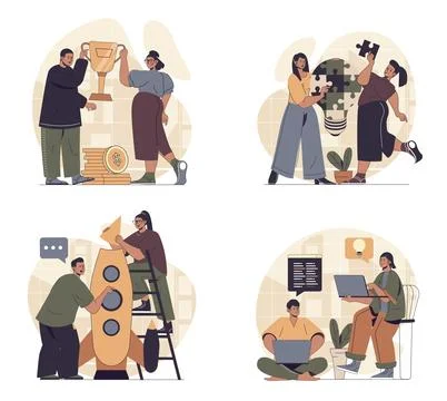 Teamwork concept scenes set in flat web design. People in situations of bus.. Stock Illustration