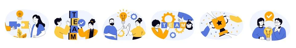 Teamwork concept set with characters in flat design for web. People working t 스톡 일러스트