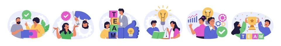 Teamwork concept set in flat design for web. Collection with people working.. 스톡 일러스트