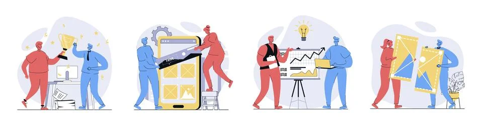 Teamwork concept set in flat design for web. Collection with people working.. 스톡 일러스트