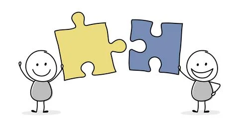 Teamwork concept. Stickmen with puzzle. Vector Stock Illustration