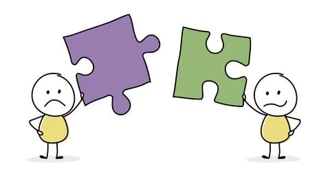Teamwork concept. Stickmen with puzzle. Vector Stock Illustration