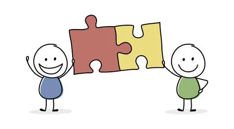 Teamwork concept. Stickmen with puzzle. Vector Stock Illustration