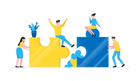 Teamwork concept with tiny people characters working together with big jigsaw Illustrazione stock