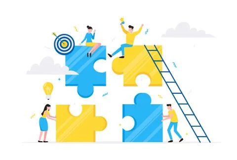 Teamwork concept with tiny people characters working together with big jigsaw Stock Illustration